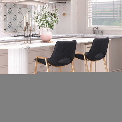 Set of Two 26" Black And Gold Faux Leather And Steel Low Back Counter Height Bar Chairs