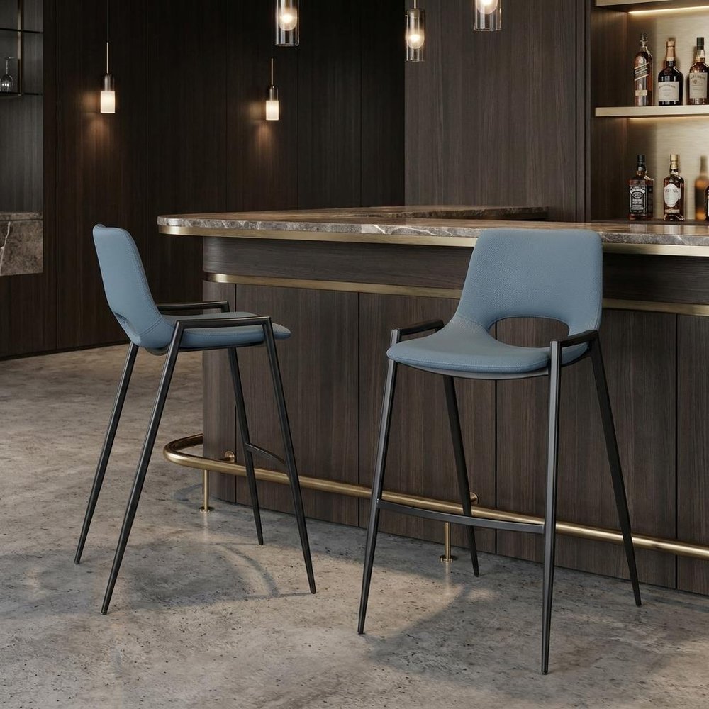 Set of Two 30" Blue And Black Faux Leather And Fabric And Steel Low Back Bar Height Bar Chairs