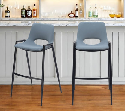 Set of Two 30" Blue And Black Faux Leather And Steel Low Back Bar Height Bar Chairs