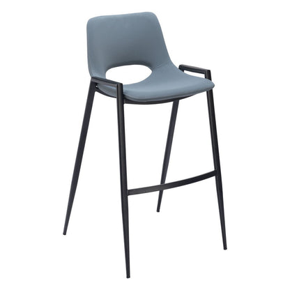 Set of Two 30" Blue And Black Faux Leather And Fabric And Steel Low Back Bar Height Bar Chairs