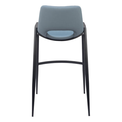 Set of Two 30" Blue And Black Faux Leather And Fabric And Steel Low Back Bar Height Bar Chairs