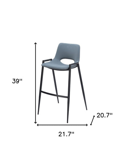 Set of Two 30" Blue And Black Faux Leather And Steel Low Back Bar Height Bar Chairs