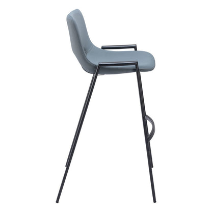 Set of Two 30" Blue And Black Faux Leather And Fabric And Steel Low Back Bar Height Bar Chairs