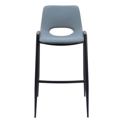 Set of Two 30" Blue And Black Faux Leather And Fabric And Steel Low Back Bar Height Bar Chairs