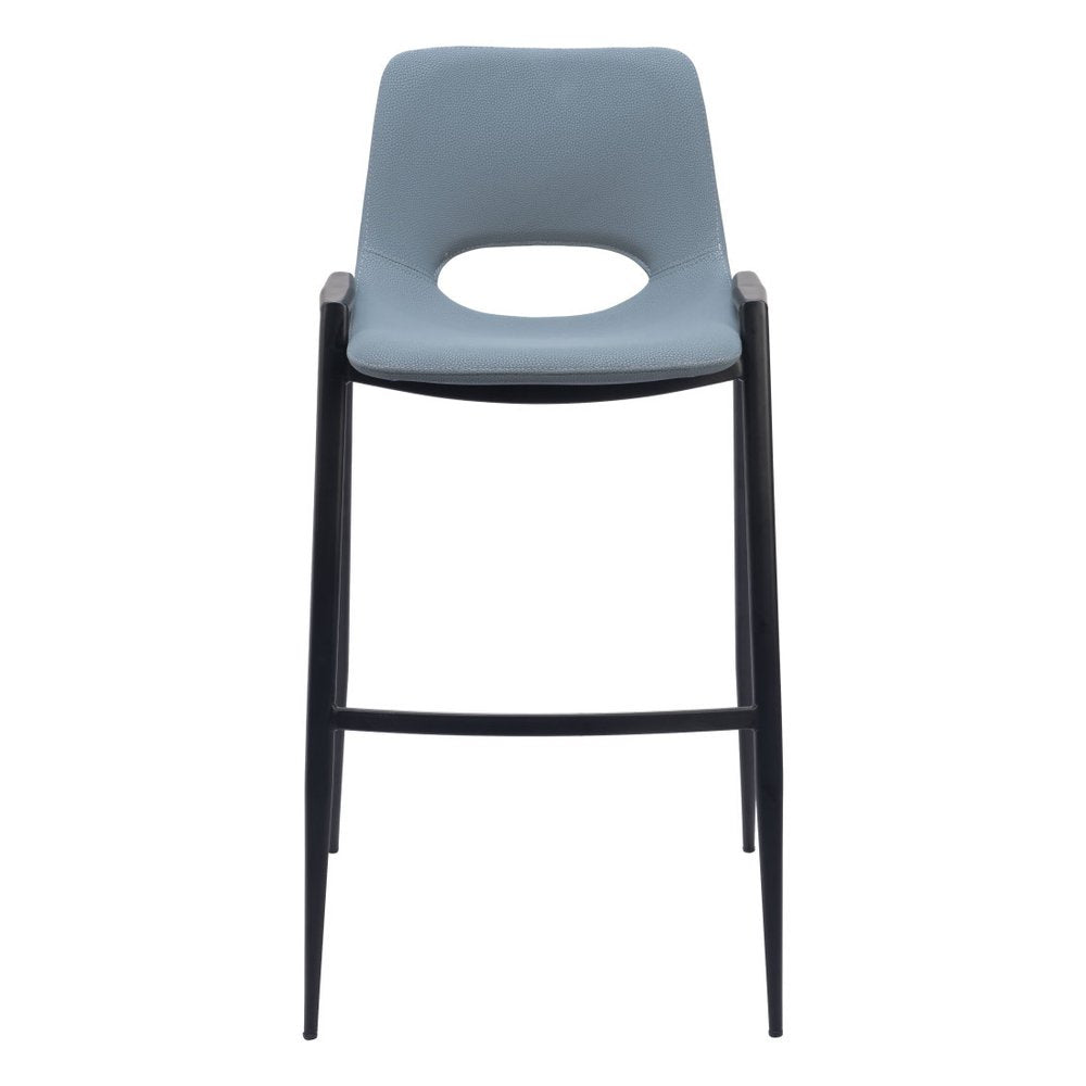 Set of Two 30" Blue And Black Faux Leather And Steel Low Back Bar Height Bar Chairs
