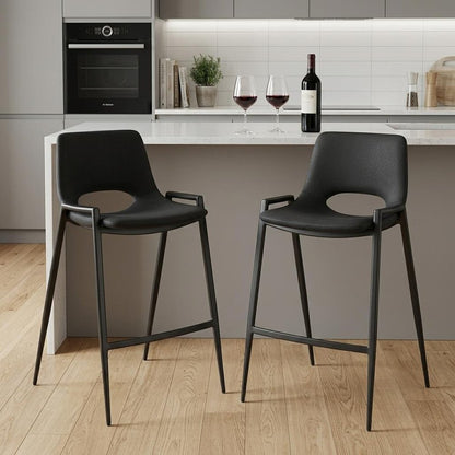 Set of Two 26" Black Faux Leather And Steel Low Back Counter Height Bar Chairs