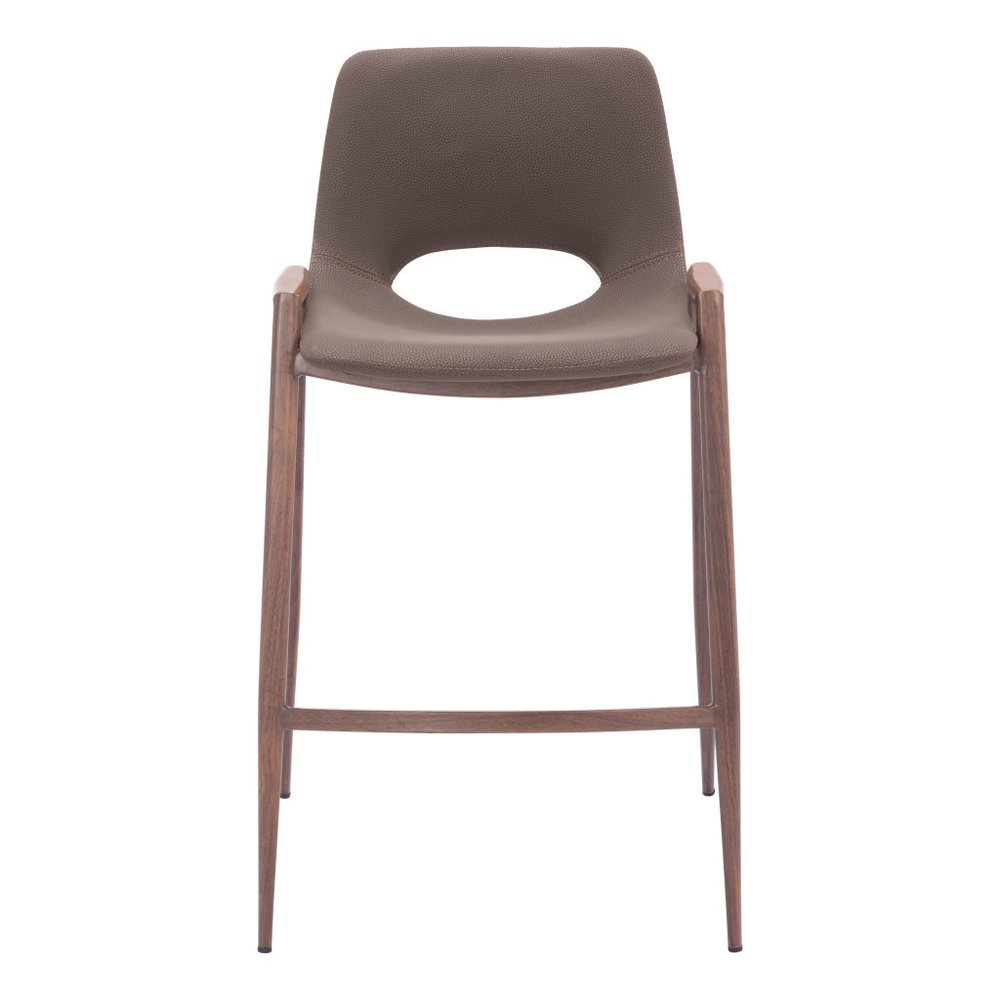 Set of Two 26" Brown Faux Leather And Fabric And Steel Low Back Counter Height Bar Chairs