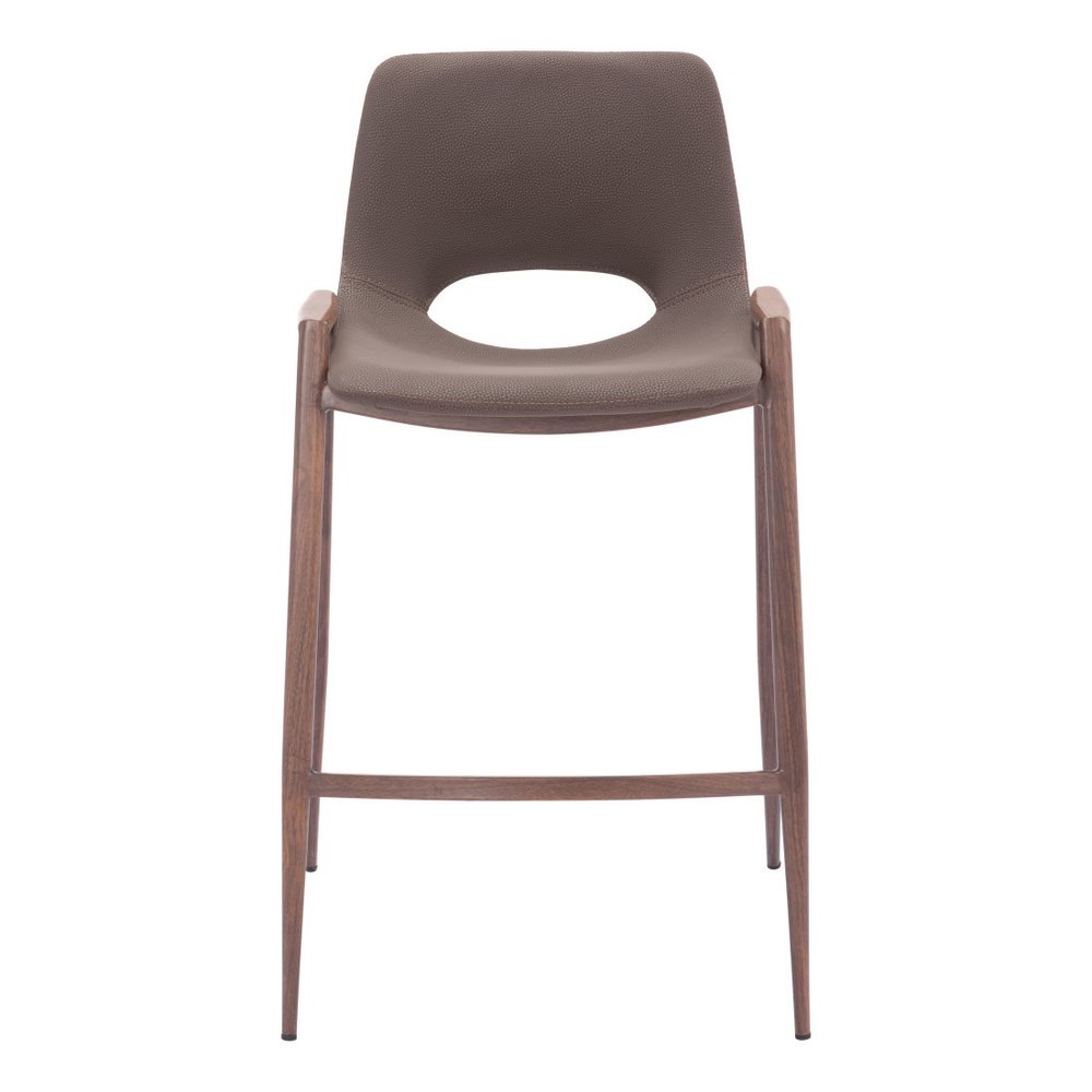 Set of Two 26" Brown Faux Leather And Fabric And Steel Low Back Counter Height Bar Chairs