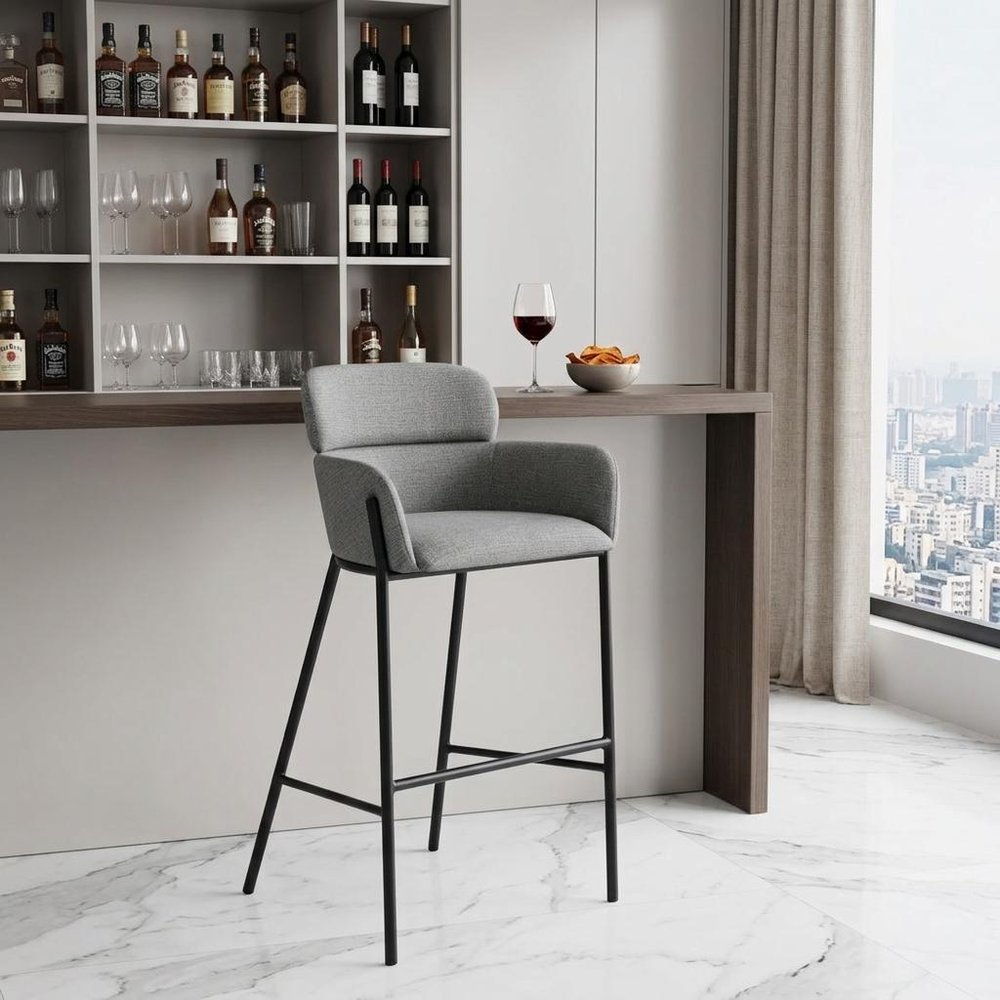 30" Slate Gray And Black Fabric And Steel Bar Height Bar Chair