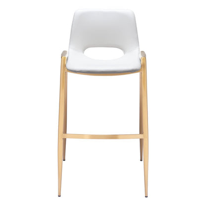 Set of Two 30" White And Gold Faux Leather And Steel Low Back Bar Height Bar Chairs