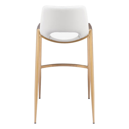Set of Two 30" White And Gold Faux Leather And Steel Low Back Bar Height Bar Chairs