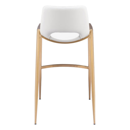 Set of Two 30" White And Gold Faux Leather And Steel Low Back Bar Height Bar Chairs