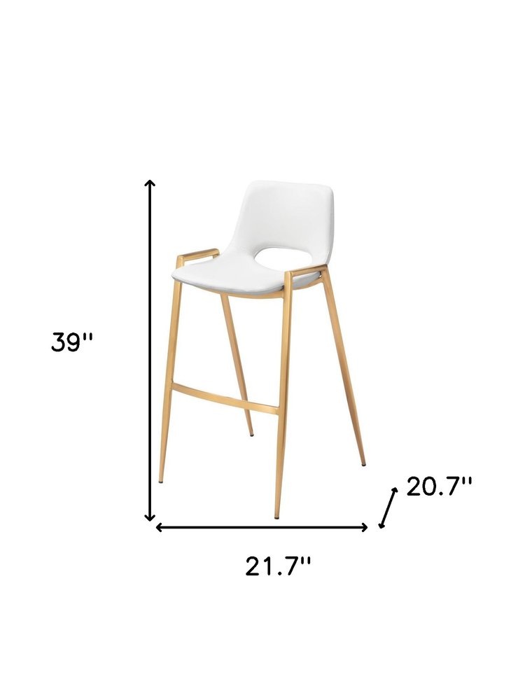 Set of Two 30" White And Gold Faux Leather And Steel Low Back Bar Height Bar Chairs