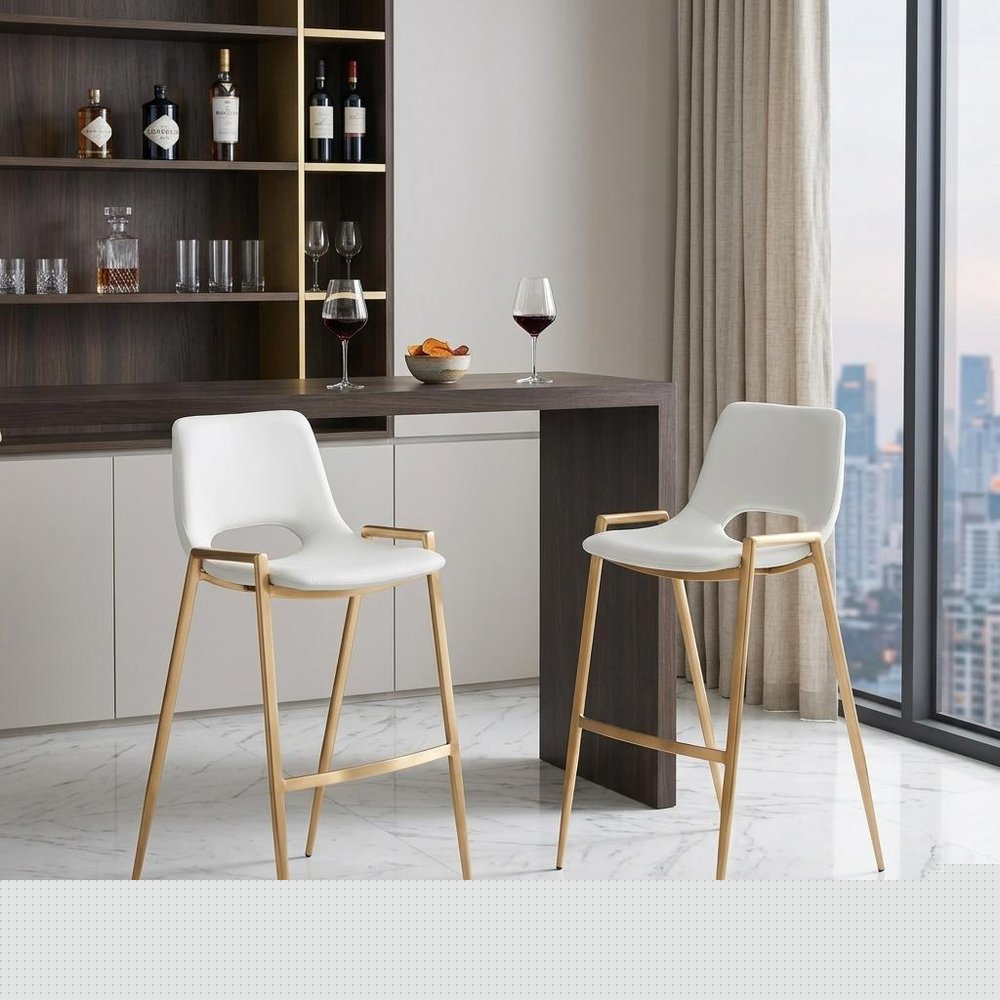 Set of Two 30" White And Gold Faux Leather And Steel Low Back Bar Height Bar Chairs