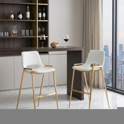 Set of Two 30" White And Gold Faux Leather And Steel Low Back Bar Height Bar Chairs