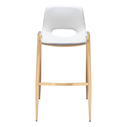 Set of Two 30" White And Gold Faux Leather And Steel Low Back Bar Height Bar Chairs