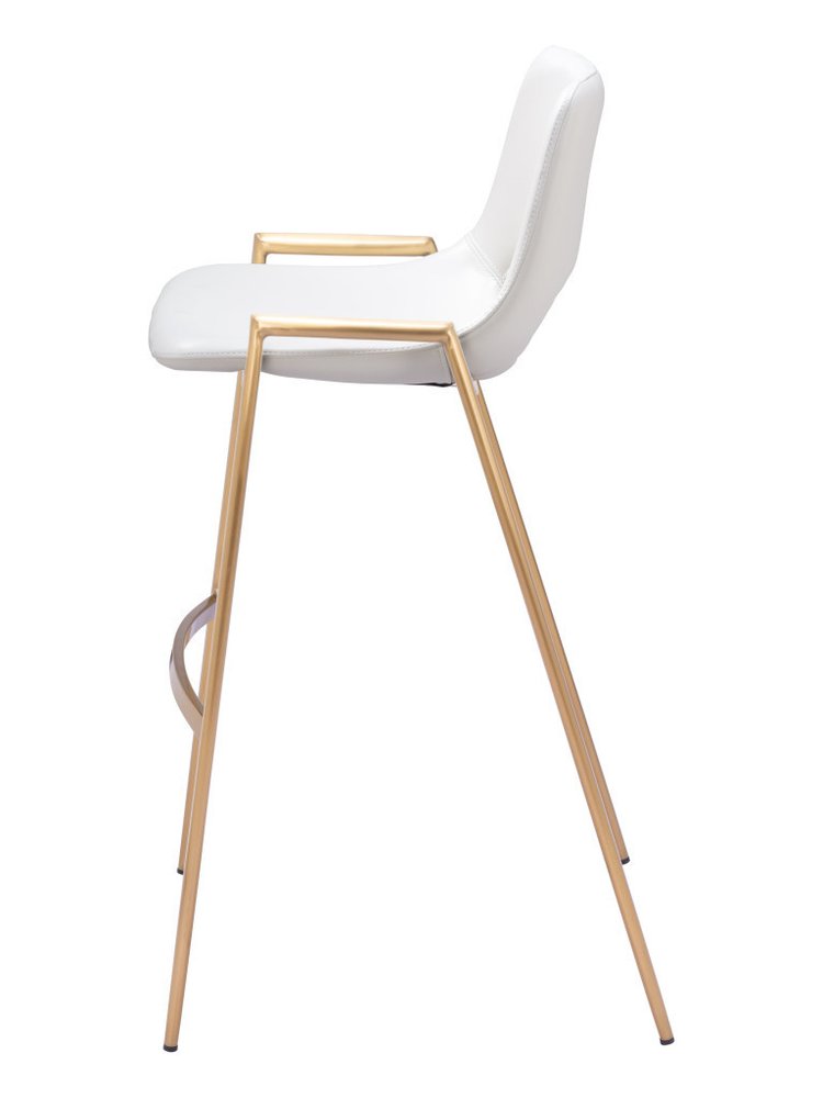 Set of Two 30" White And Gold Faux Leather And Steel Low Back Bar Height Bar Chairs