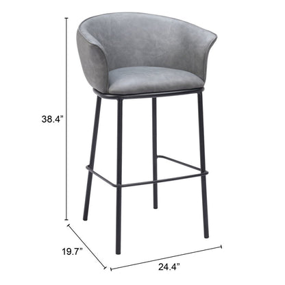 30" Gray And Black Faux Leather And Steel Bar Height Bar Chair
