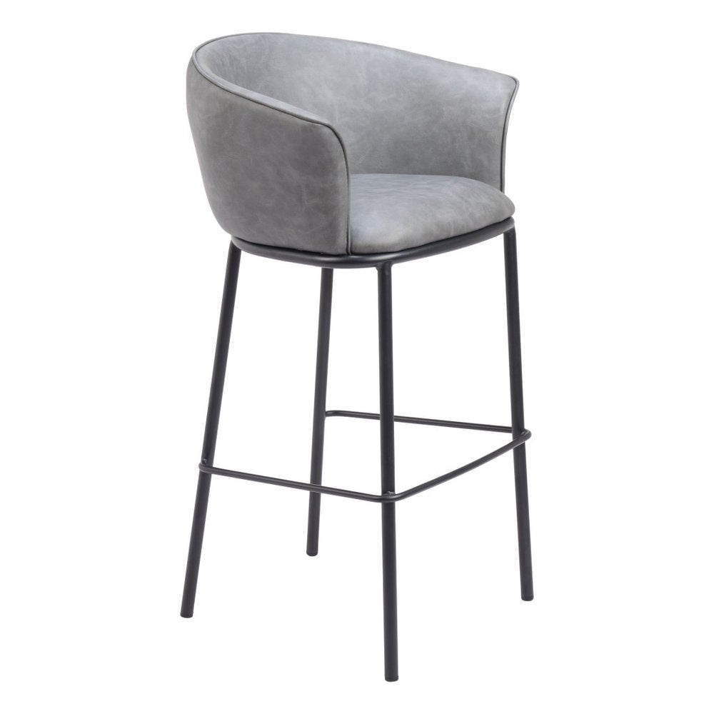 30" Gray And Black Faux Leather And Steel Bar Height Bar Chair
