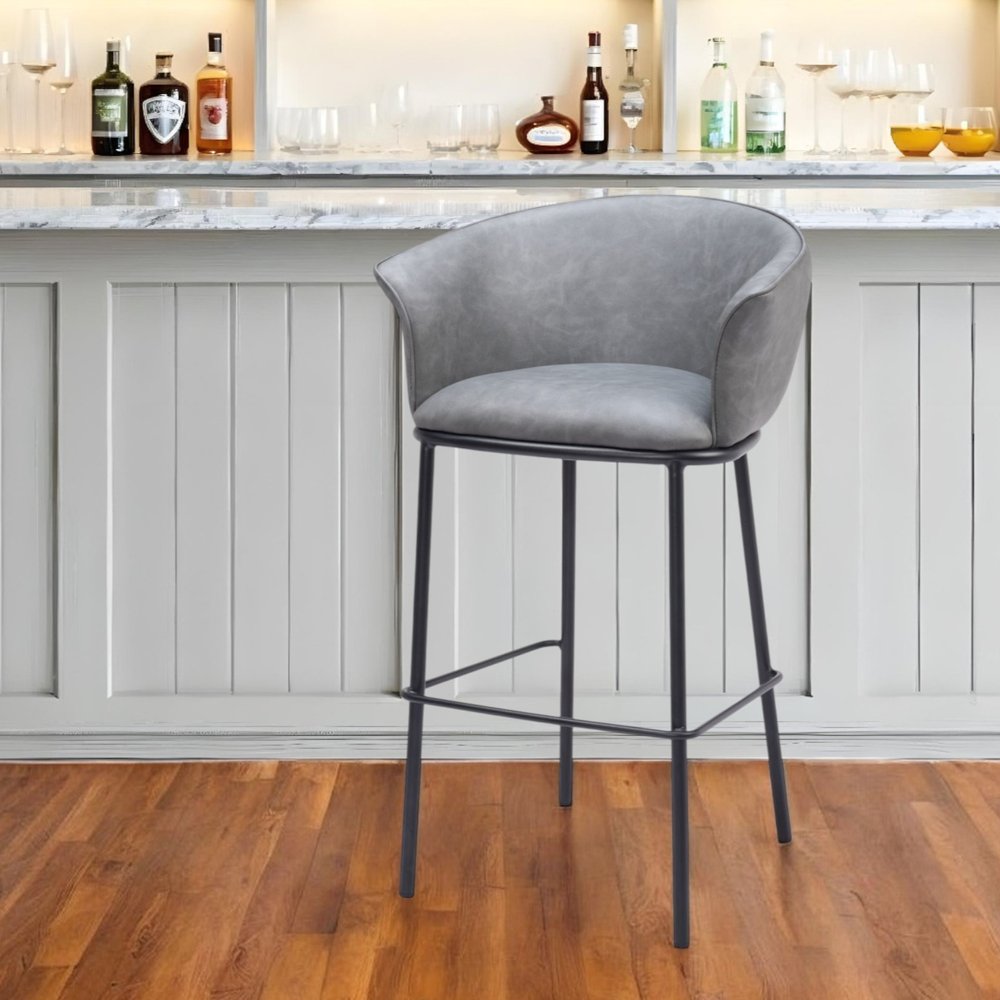 30" Gray And Black Faux Leather And Steel Bar Height Bar Chair