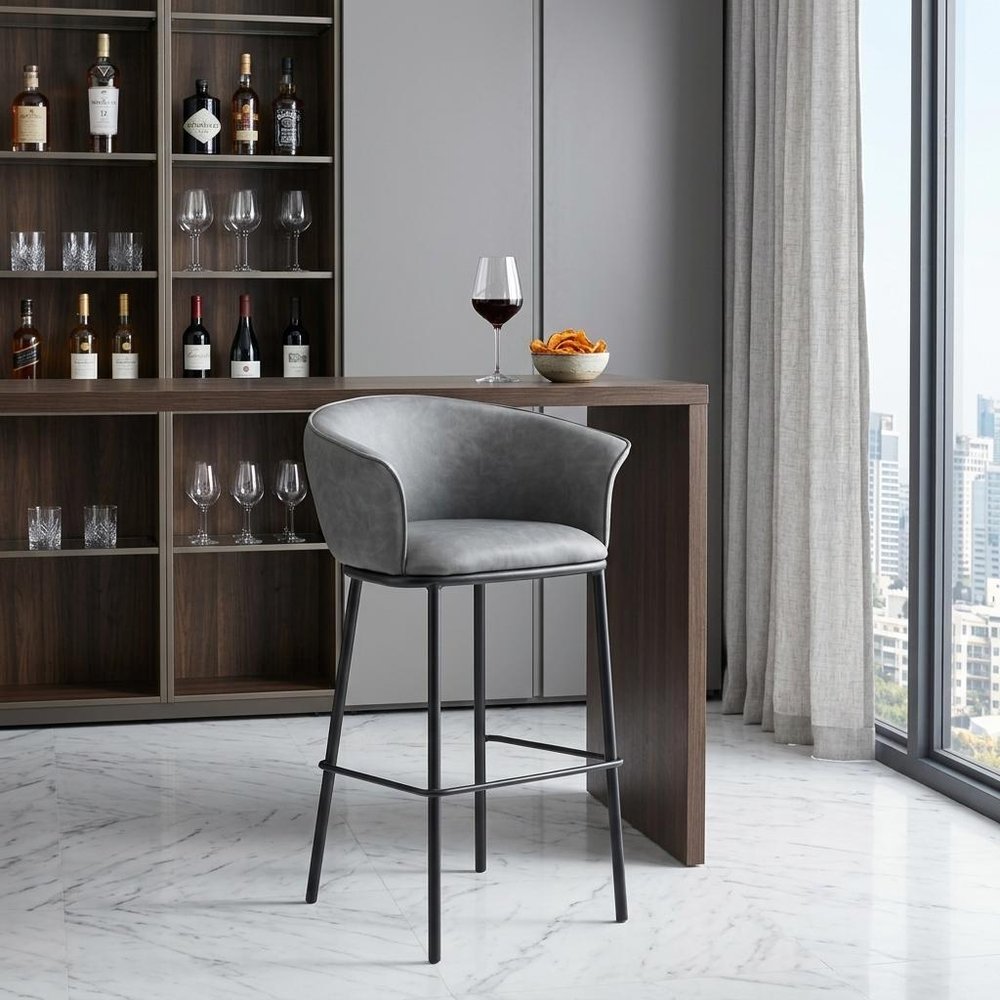 30" Gray And Black Faux Leather And Steel Bar Height Bar Chair