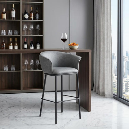 30" Gray And Black Faux Leather And Steel Bar Height Bar Chair
