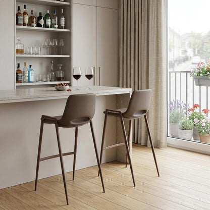 Set of Two 30" Brown Faux Leather And Steel Low Back Bar Height Bar Chairs