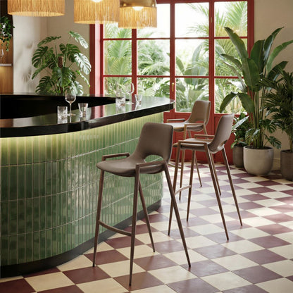 Set of Two 30" Brown Faux Leather And Steel Low Back Bar Height Bar Chairs