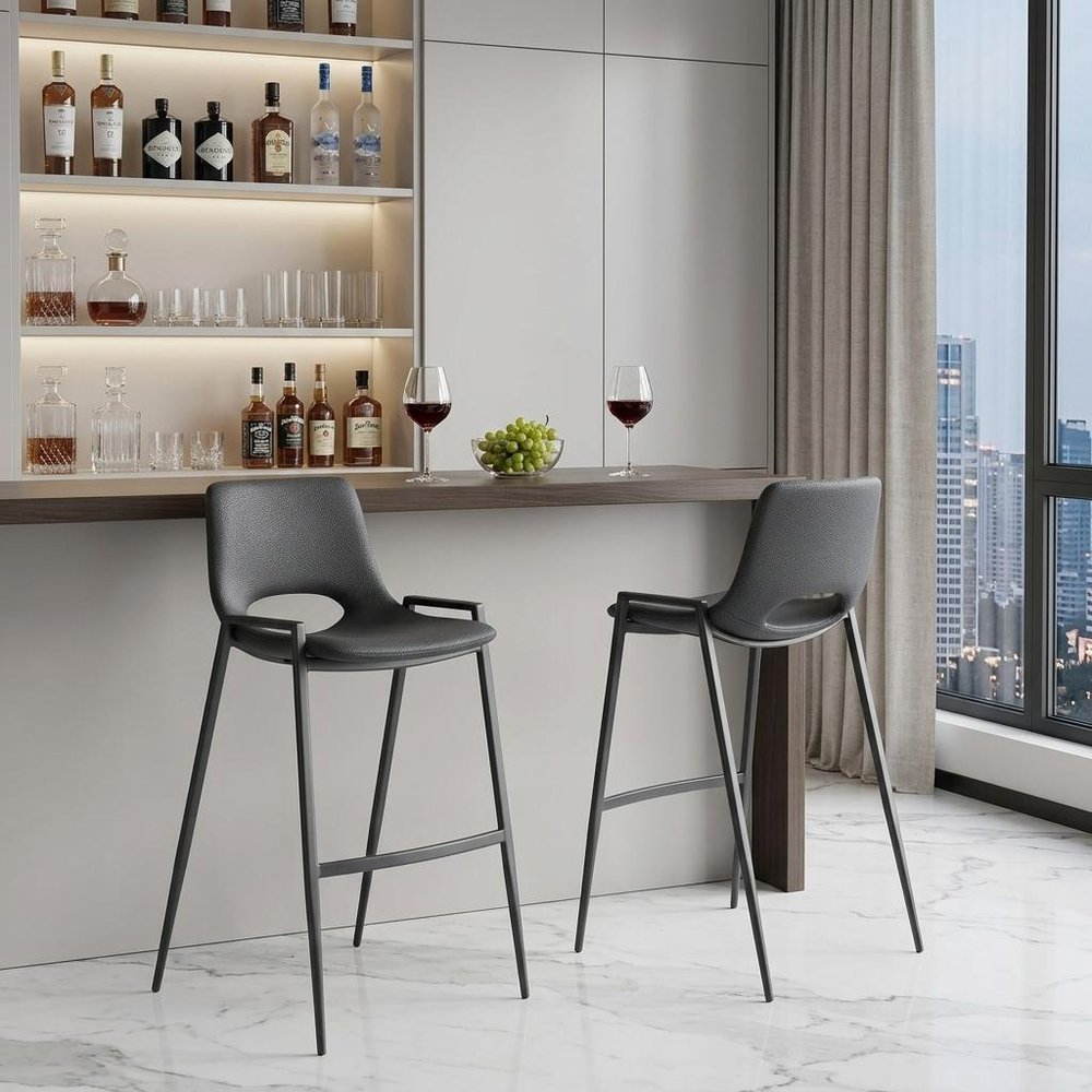 Set of Two 30" Black Faux Leather And Steel Low Back Bar Height Bar Chairs