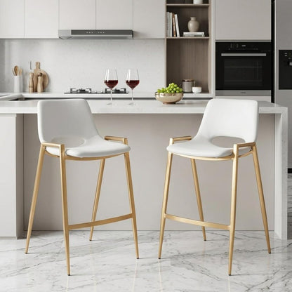 Set of Two 26" White And Gold Faux Leather And Steel Low Back Counter Height Bar Chairs