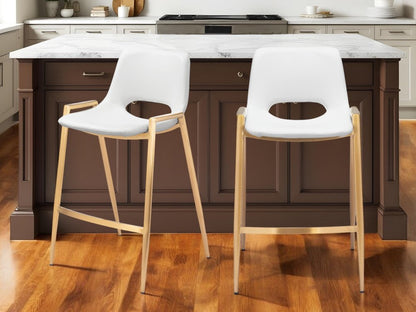 Set of Two 26" White And Gold Faux Leather And Steel Low Back Counter Height Bar Chairs