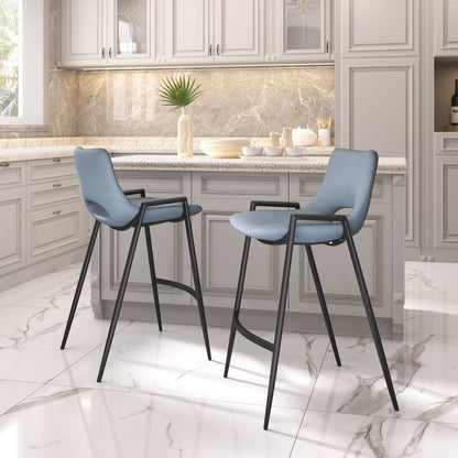 Set of Two 26" Blue And Black Faux Leather And Steel Low Back Counter Height Bar Chairs