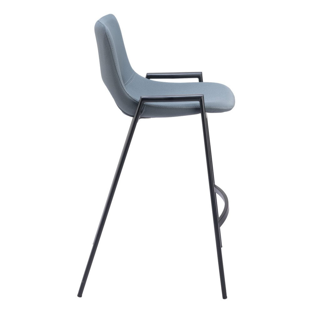 Set of Two 26" Blue And Black Faux Leather And Steel Low Back Counter Height Bar Chairs