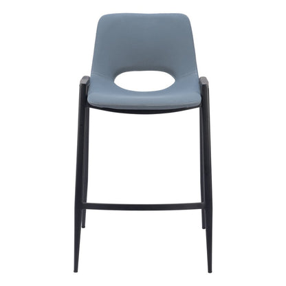 Set of Two 26" Blue And Black Faux Leather And Steel Low Back Counter Height Bar Chairs