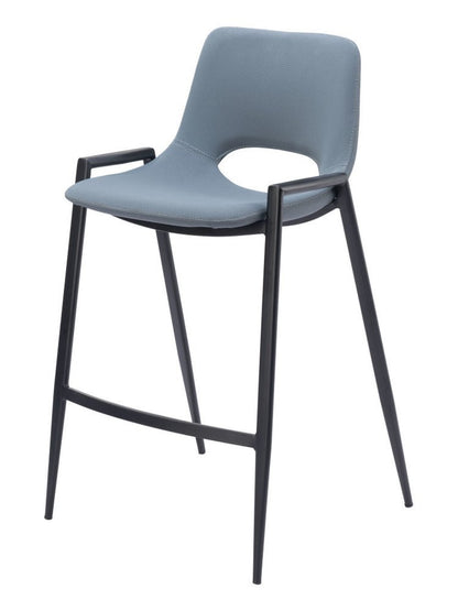 Set of Two 26" Blue And Black Faux Leather And Steel Low Back Counter Height Bar Chairs