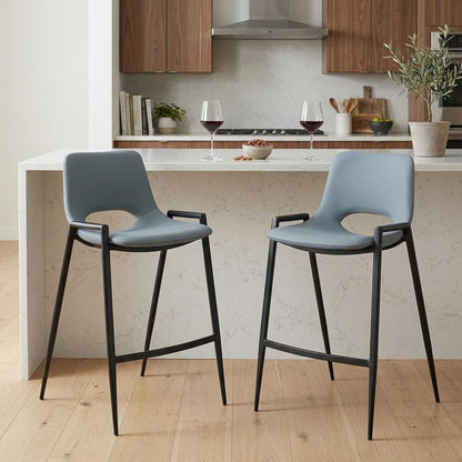 Set of Two 26" Blue And Black Faux Leather And Steel Low Back Counter Height Bar Chairs