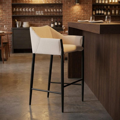 30" Beige And Black Fabric And Steel Bar Height Bar Chair