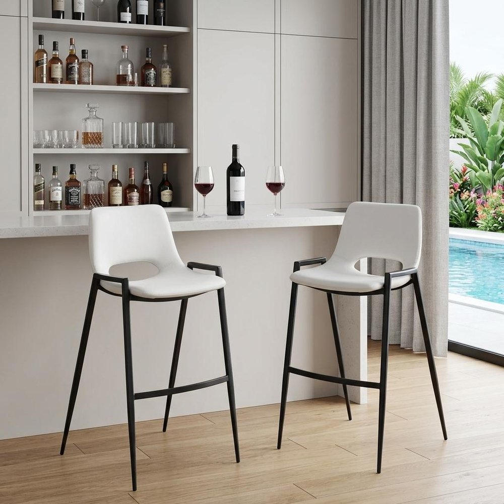 Set of Two 30" White and Black Faux Leather and Steel Low Back Bar Height Bar Chairs