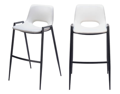 Set of Two 30" White and Black Faux Leather and Steel Low Back Bar Height Bar Chairs