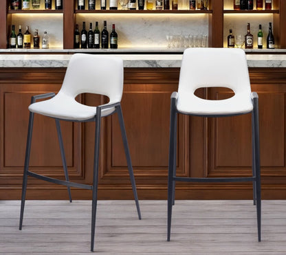 Set of Two 30" White and Black Faux Leather and Steel Low Back Bar Height Bar Chairs