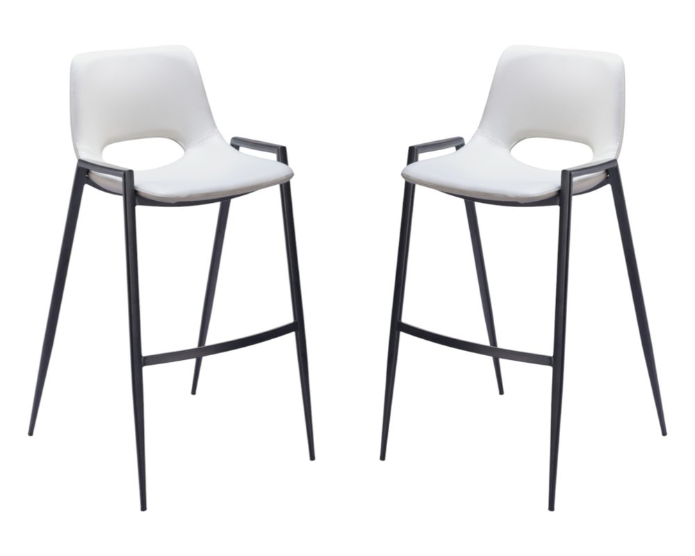Set of Two 30" White and Black Faux Leather and Steel Low Back Bar Height Bar Chairs