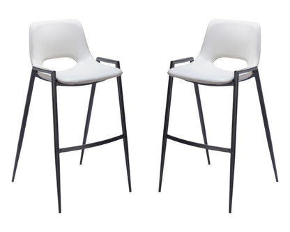 Set of Two 30" White and Black Faux Leather and Steel Low Back Bar Height Bar Chairs
