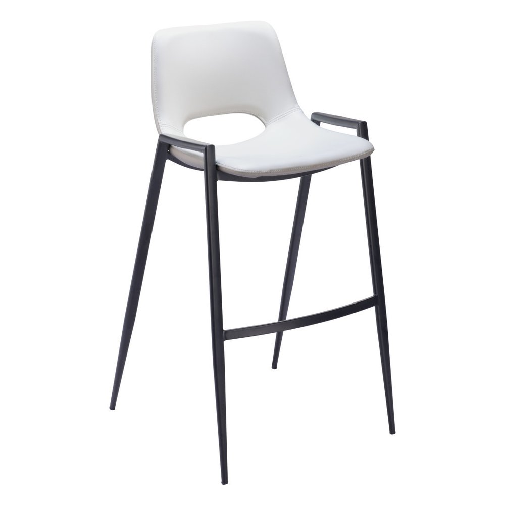 Set of Two 30" White and Black Faux Leather and Steel Low Back Bar Height Bar Chairs