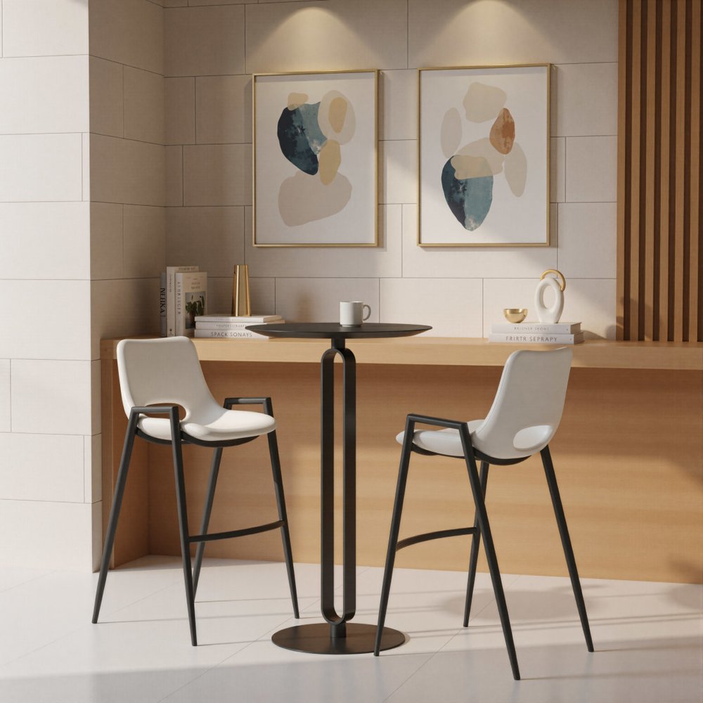 Set of Two 30" White and Black Faux Leather and Steel Low Back Bar Height Bar Chairs