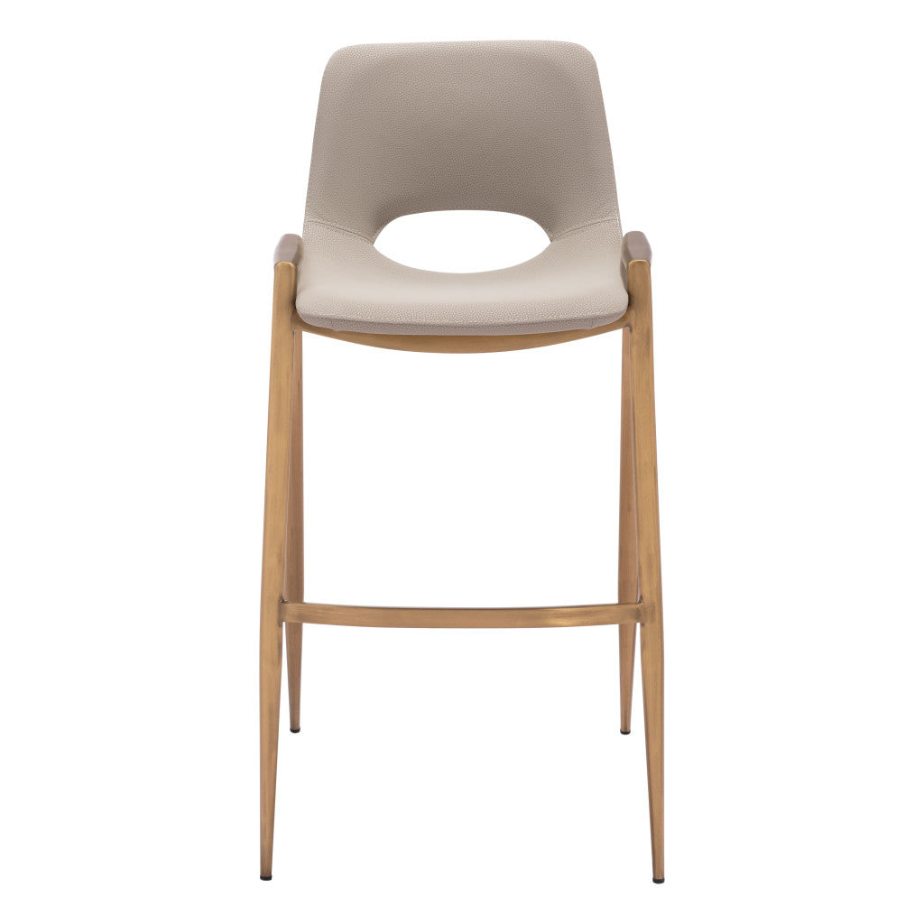 Set of Two 30" Beige And Gold Faux Leather And Steel Low Back Bar Height Bar Chairs