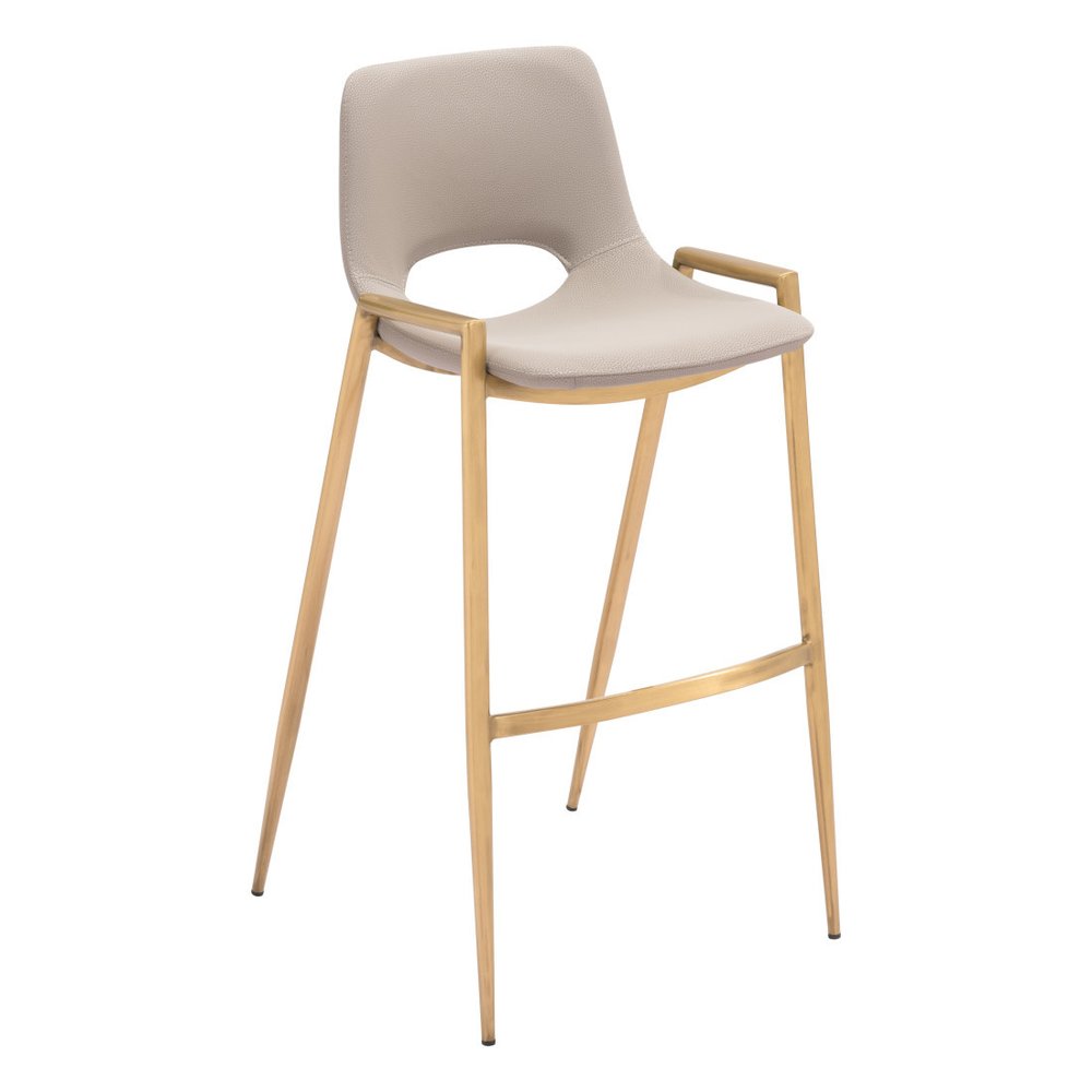 Set of Two 30" Beige And Gold Faux Leather And Steel Low Back Bar Height Bar Chairs
