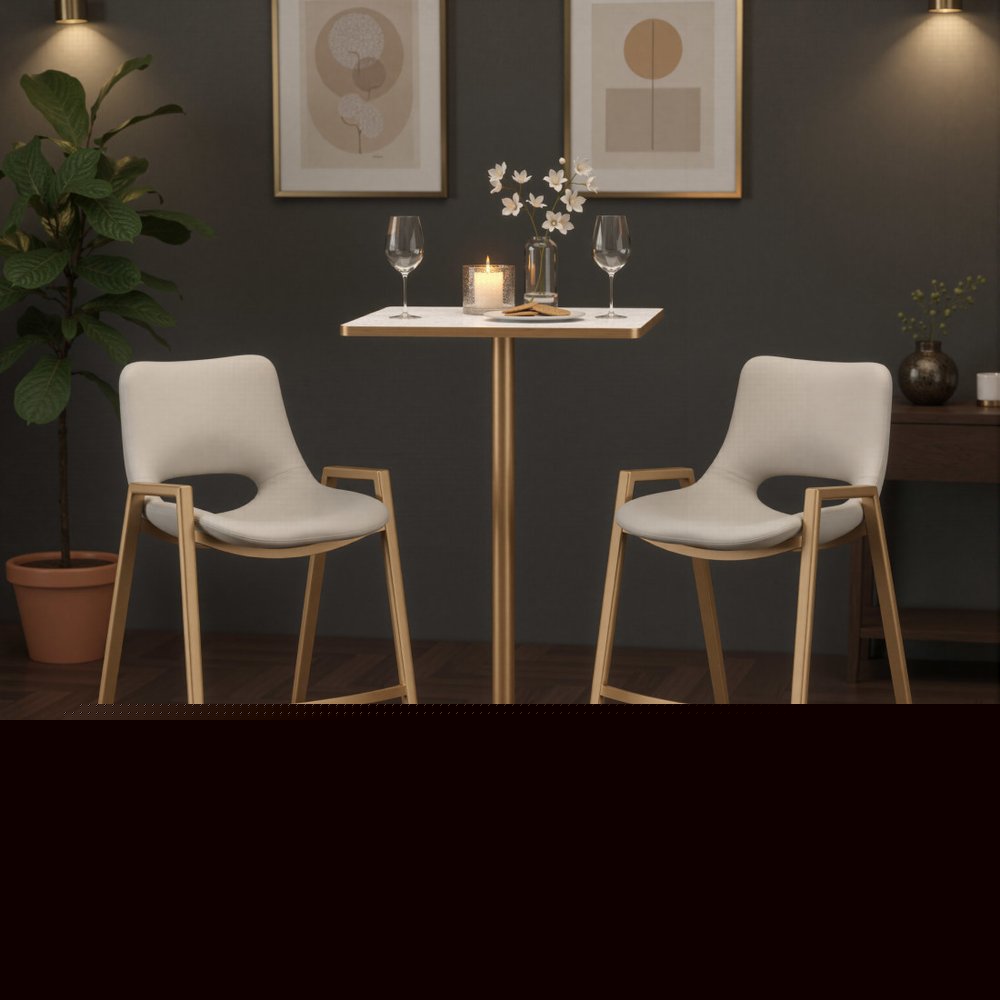 Set of Two 30" Beige And Gold Faux Leather And Steel Low Back Bar Height Bar Chairs