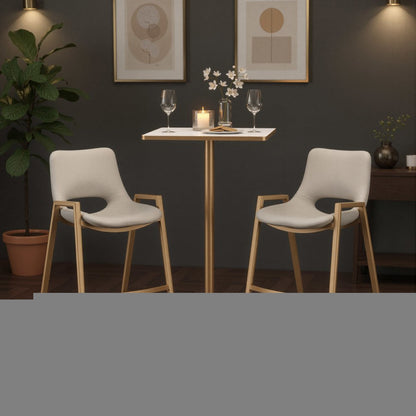 Set of Two 30" Beige And Gold Faux Leather And Steel Low Back Bar Height Bar Chairs