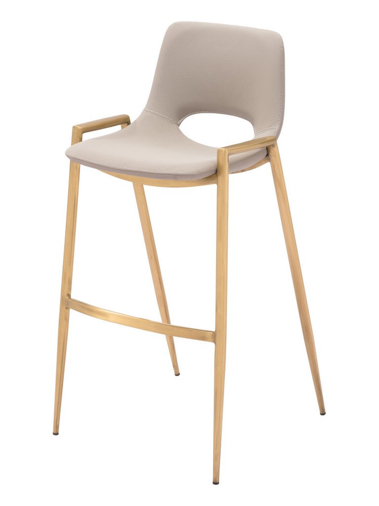 Set of Two 30" Beige And Gold Faux Leather And Steel Low Back Bar Height Bar Chairs