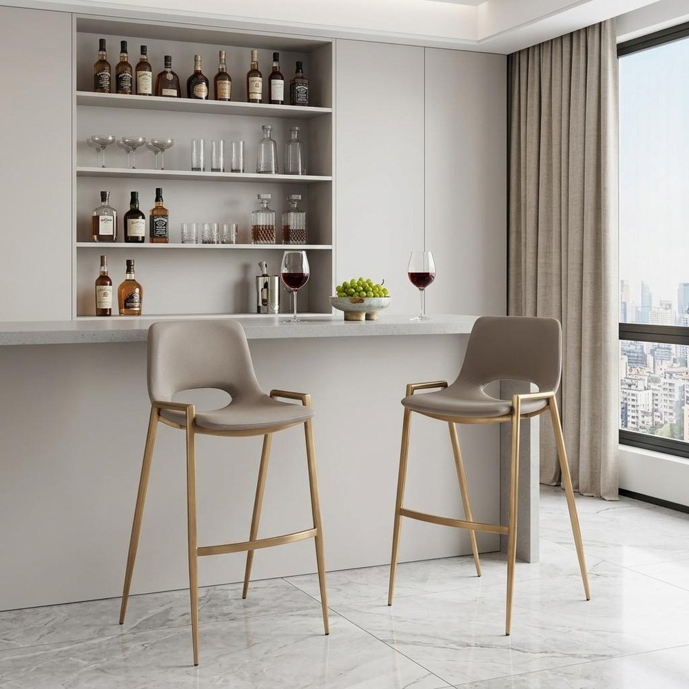 Set of Two 30" Beige And Gold Faux Leather And Steel Low Back Bar Height Bar Chairs
